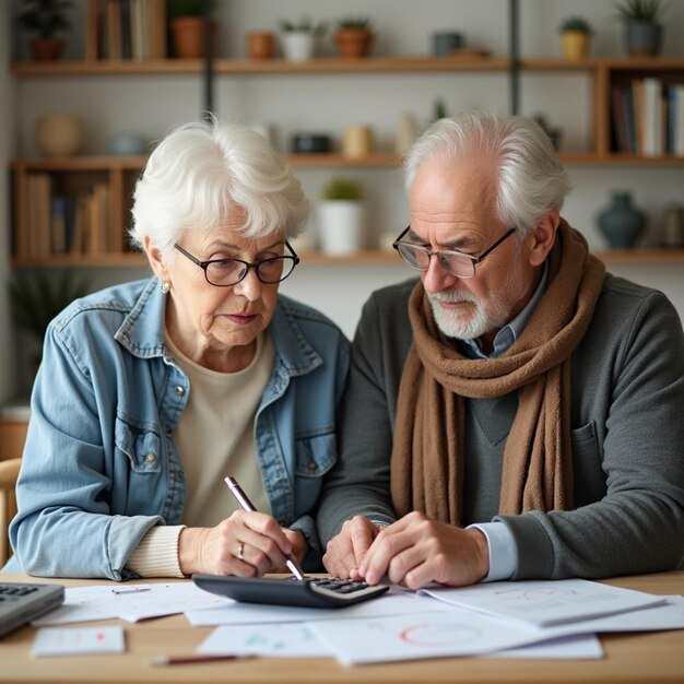 Elderly couple reviewing documents and using calculator